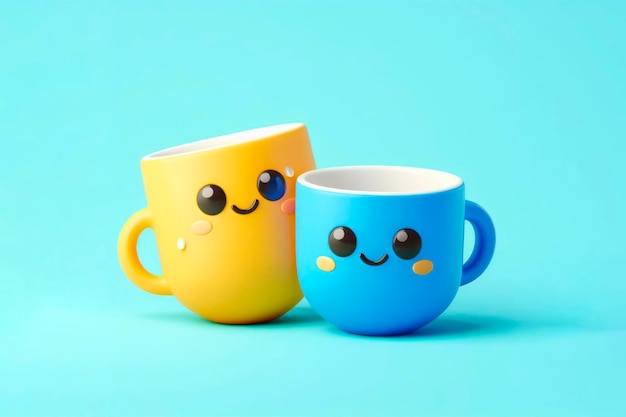 Two cups yellow and blue with happy faces on solid background ai generative