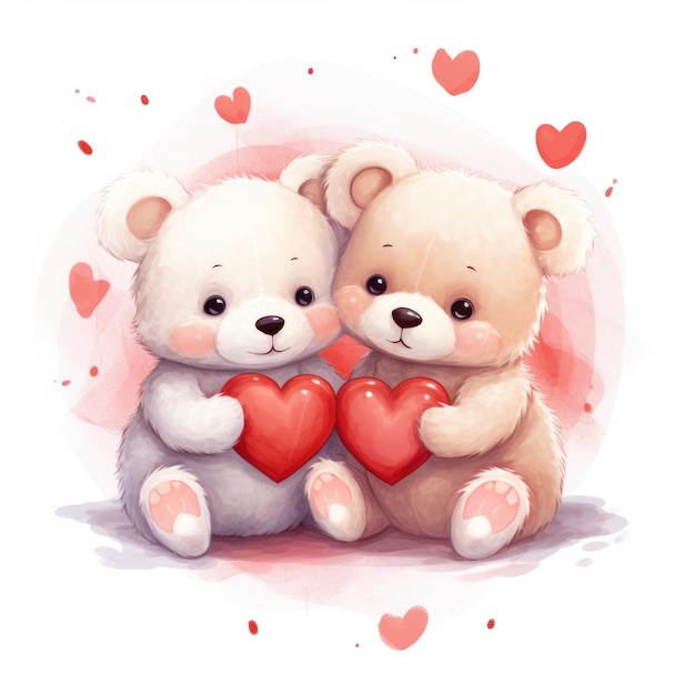 Two cute adorable baby bears holding a heart a couple in love for valentines day