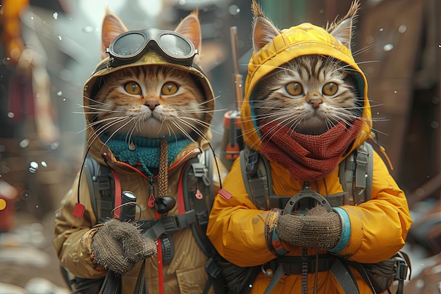 Two cute anthropomorphic cats hiking on their feet like humans stand upright on the ground hand in hand wearing human outdoor clothes