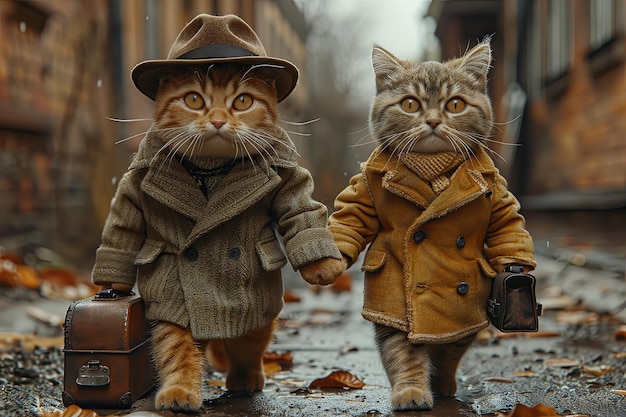 Two cute anthropomorphic cats walk on their feet like humans stand upright on the ground hand in hand wearing human clothes carrying their briefcases walking on their way to work