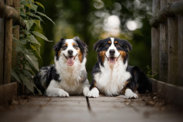 Two cute Australian Shepherds lie on the bridge