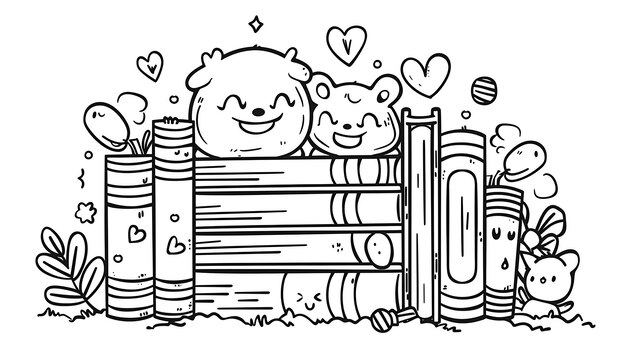 Photo two cute bears are sitting on a pile of books they are surrounded by hearts and flowers the bears are smiling and look happy