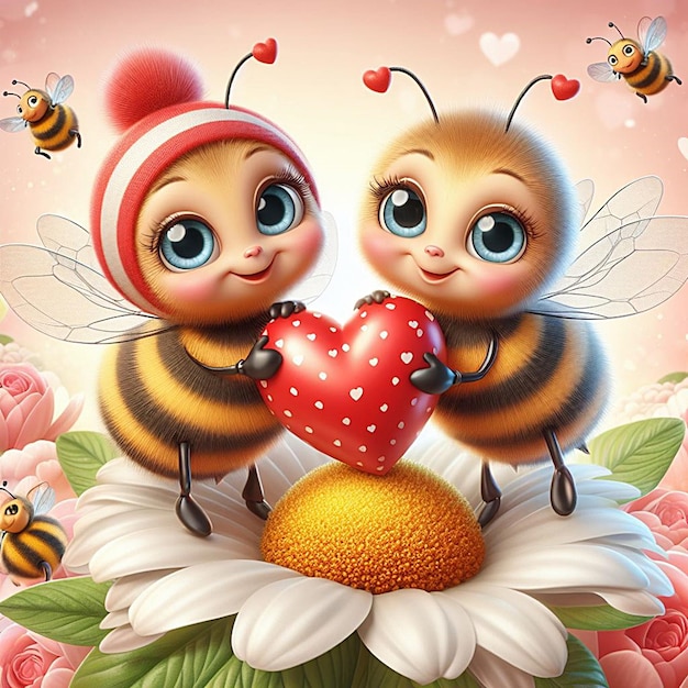 two cute bees holding valentine heart