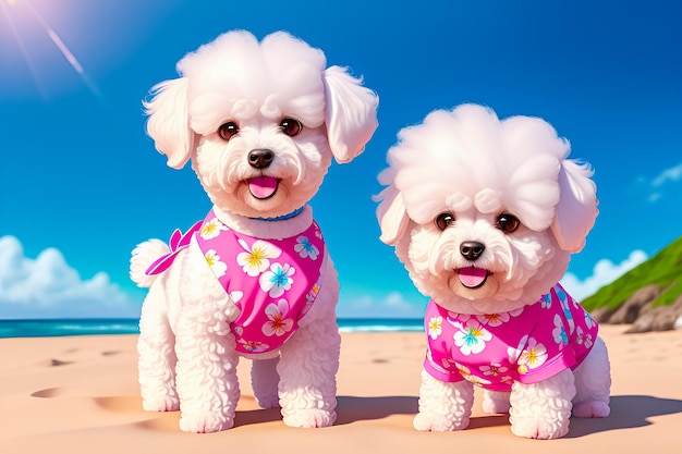 Two cute bichon frise dogs in summer clothes on the beach generative ai