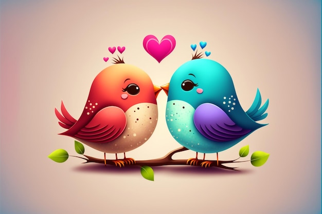 Two cute birds in love hearts romantic Generative Ai