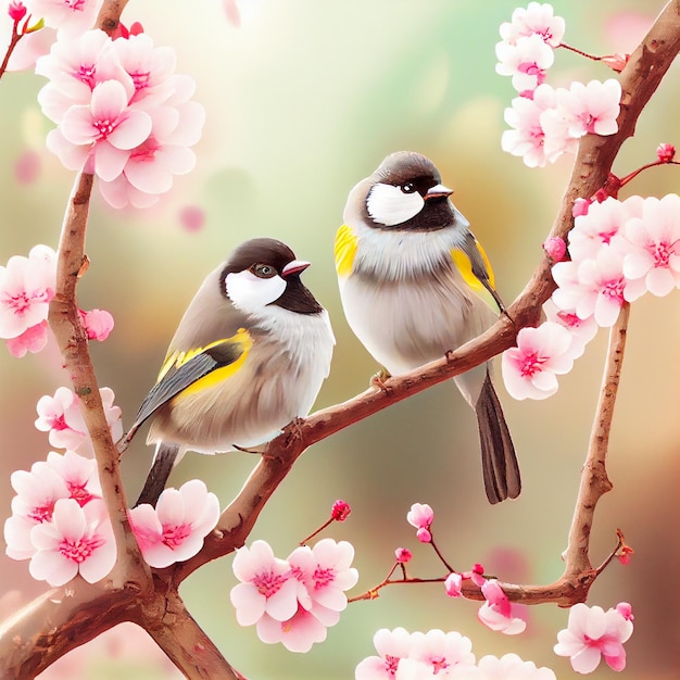 Two cute birds perched on cherry blossom tree branch spring illustration