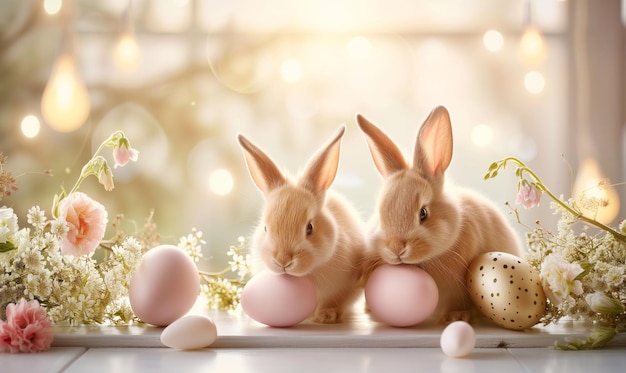 Two cute bunnies adorable rabbits with easter eggs and spring flowers sitting on pastel background