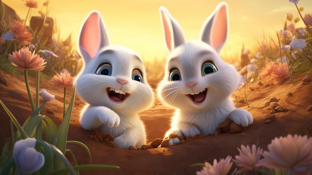Two cute bunnies are excitedly and actively digging a hole in the ground with their paws