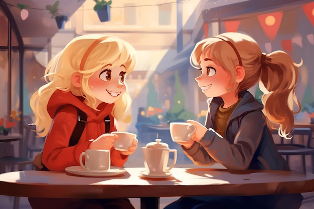 Two cute cartoon blonde girls sitting at a table in a cafe and drinking coffee