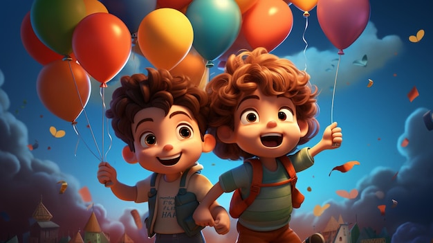 Two cute cartoon boys holding balloons with the words happy birthday on them