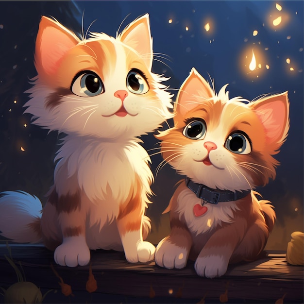 Two Cute Cartoon Cats in the night