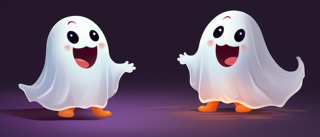 Two cute cartoon ghosts characters at happy halloween background