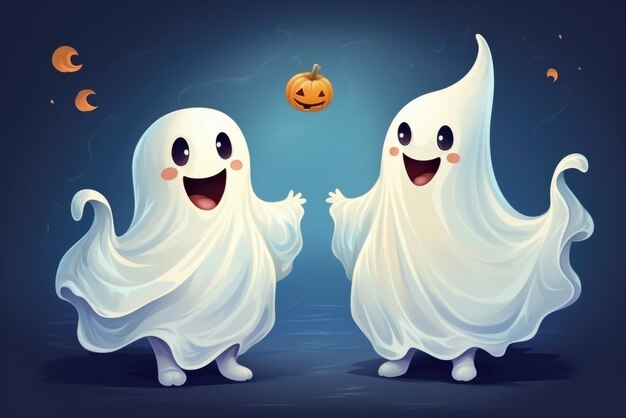 Two cute cartoon ghosts characters at happy halloween background