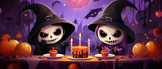 Two cute cartoon grim reapers at happy halloween background