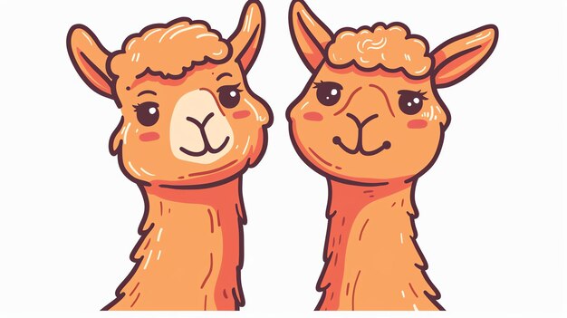 Two cute cartoon llamas with big eyes and fluffy fur The llamas are both smiling and looking at each other