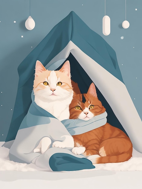 Two cute cat laying under a cozy blanket on cozy bed