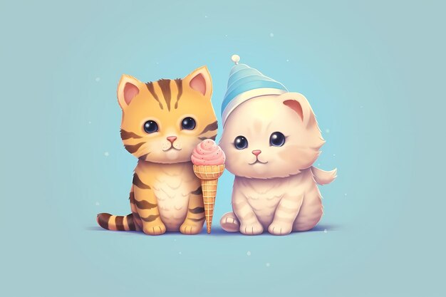 Two cute cat with ice cream illustration ai generated