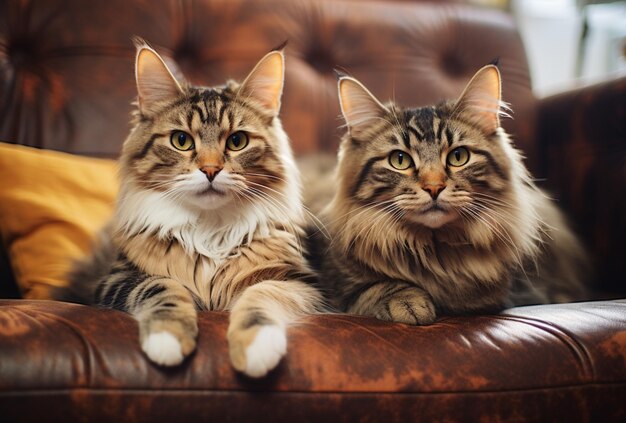 Foto due simpatici gatti pigri sul divano del soggiorno