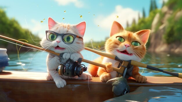 Two cute cats wearing sunglasses are excitedly and actively fishing using a fishing rod