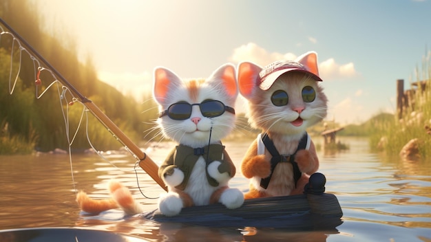 Two cute cats wearing sunglasses are excitedly and actively fishing using a fishing rod