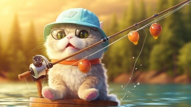 Two cute cats wearing sunglasses are excitedly and actively fishing using a fishing rod