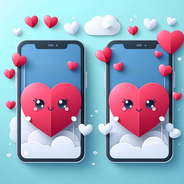 Two cute characters emerge from two different phone screens share a heart for Valentine Day