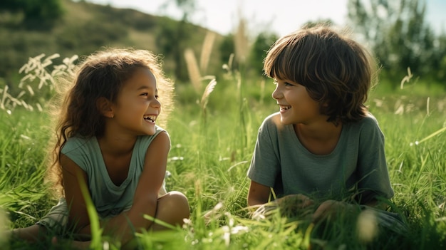 Two cute children smiling laughing looking at each other friendship communication concept