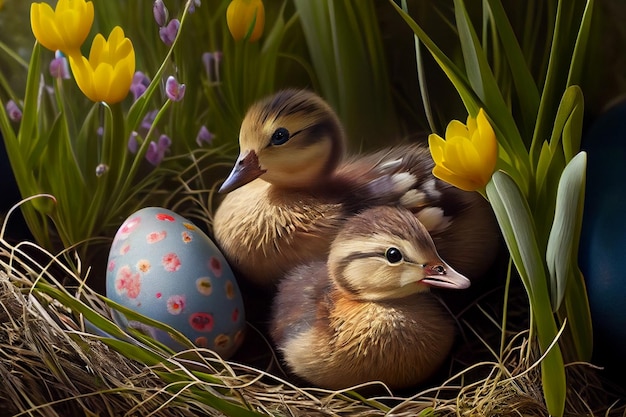 Two cute ducklings in the nest near the eggs