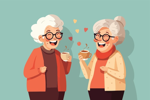 두 명의 귀여운 노인 여성 여자 친구가 커피를 마시고 평평한 그림을 웃습니다.