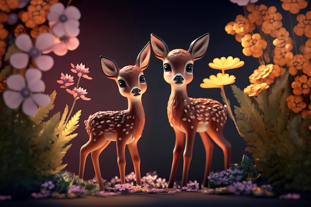 두 마리의 귀여운 새끼 사슴과 사실적인 꽃 Generative AI