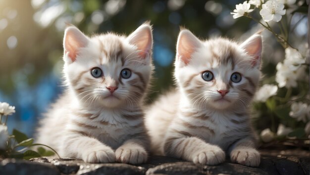 Two cute fluffy kittens lying side by side next to each other