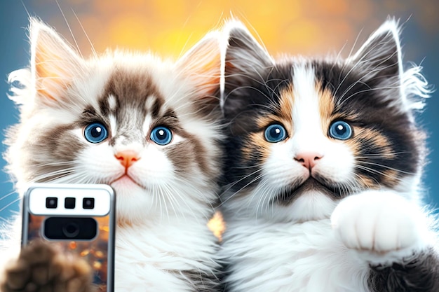 Two cute fluffy puppy cats taking selfie on bright background