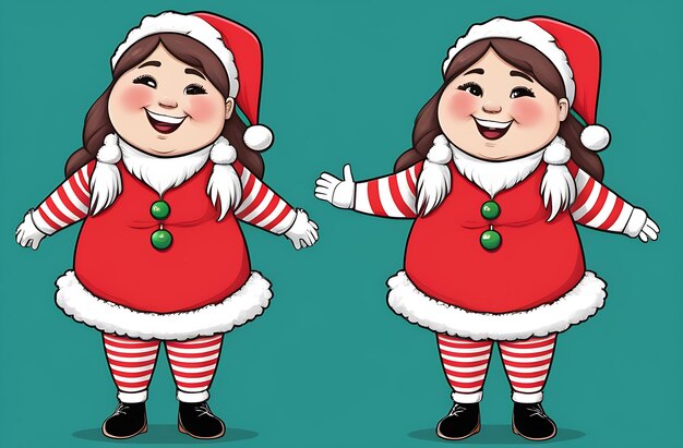 Two cute funny girls in Santa outfit illustration on a green background