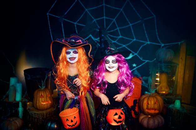 Two cute funny sisters celebrate the holiday. Jolly children in carnival costumes ready for Halloween in halloween decorations