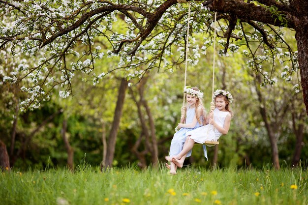 Two cute girls having fun on a swing in blossoming old apple tree garden. Sunny day. Spring outdoor activities for kids