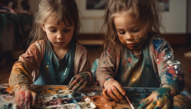 Фото Две симпатичные девушки играют и рисуют, наслаждаясь творческим союзом, созданным искусственным интеллектом