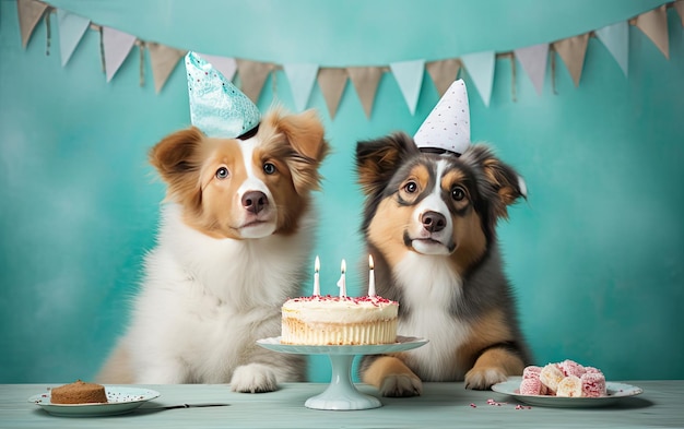 두 마리의 귀여운 행복한 강아지 개들이 생일 케이크를 가지고 생일 파티에서 축하하고 있습니다.