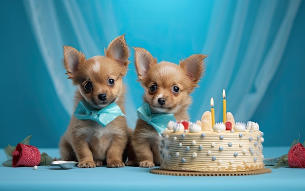 두 마리의 귀여운 행복한 강아지 개들이 생일 케이크를 가지고 생일 파티에서 축하하고 있습니다.