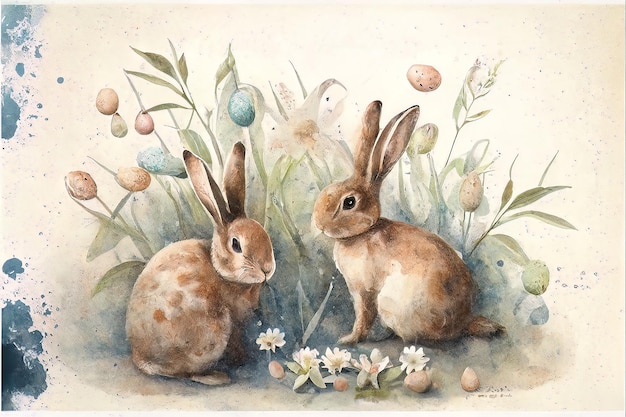 Two cute hares and Easter eggs on a spring lawn in grass and flowers