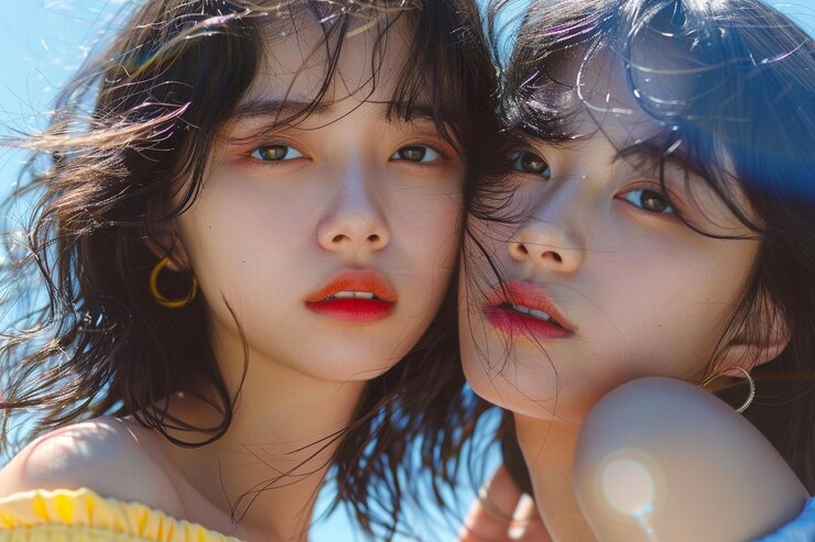 두 명의 귀여운 일본 여성 모델이 어깨를 벗고 있습니다.