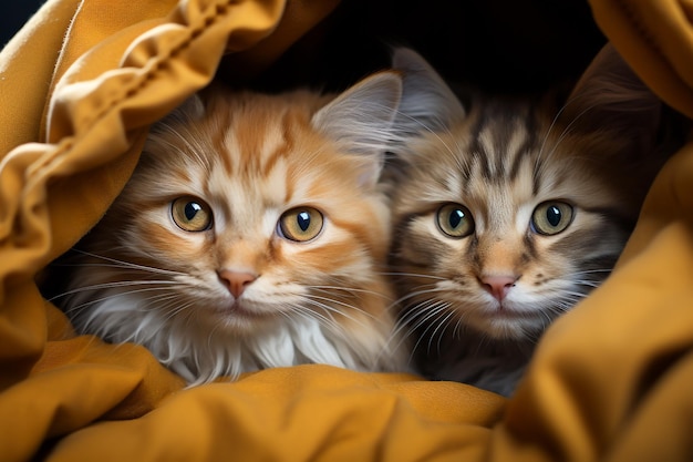 Two cute kitten cuddled up in a cozy thick blanket