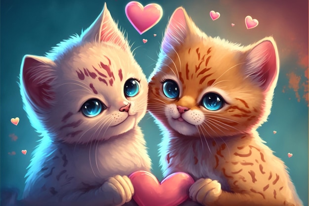 Два милых котенка в влюбленных сердечках романтично Generative Ai