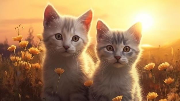 Photo two cute kittens in a meadow with dandelions at sunsetgenerative ai