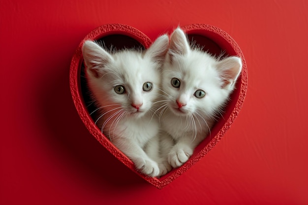 Two cute kittens peeks out of a hole in the shape of a heart Valentines day love and romantic