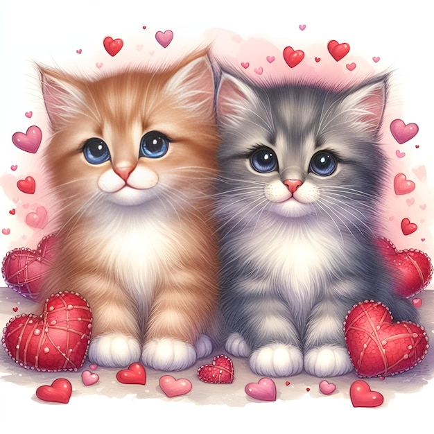 Photo two cute kittens sitting on a background of hearts saint valentines day love concept