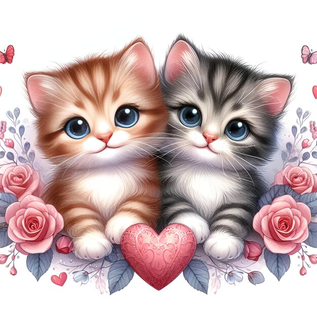 Photo two cute kittens sitting on a background of hearts saint valentines day love concept