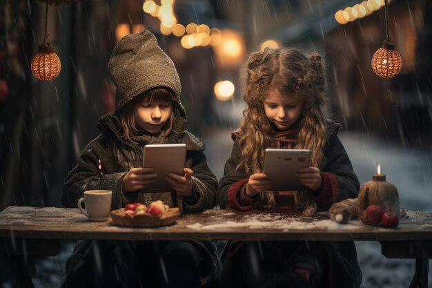 Two cute little girls using digital tablet and mobile phone while sitting in a cafe on a snowy