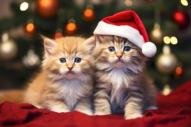 Two cute little kittens in a New Year's hat on the background of a Christmas tree