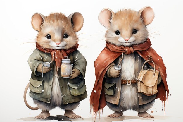 暖かい服を着た2匹の可愛い小さなネズミとランタンのイラスト