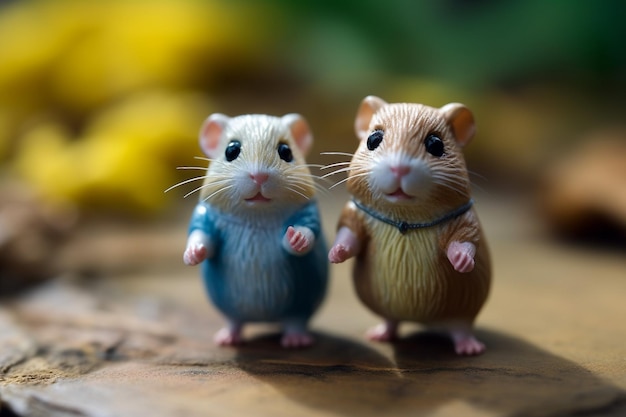 Photo two cute little mice on a wooden background happy easter concept